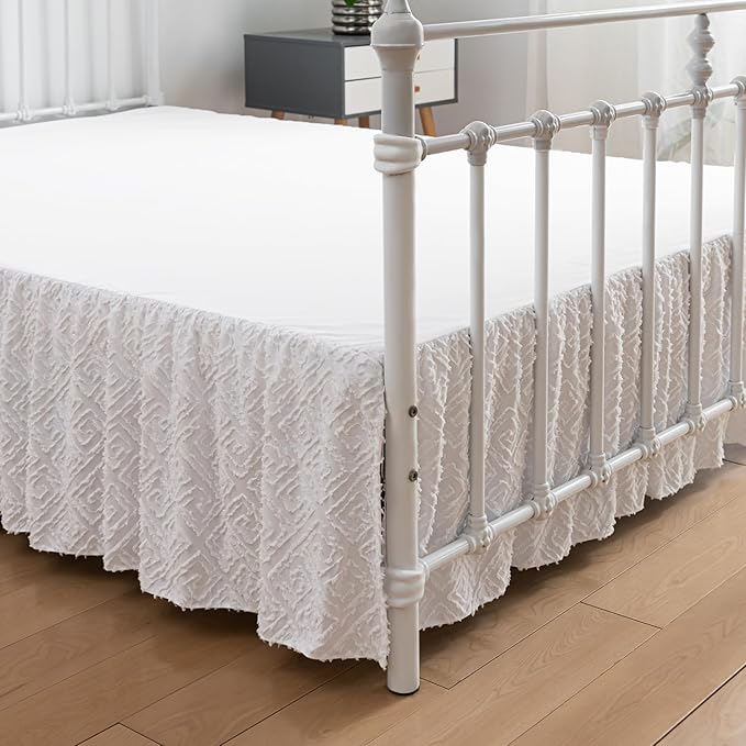 Tufted Bed Skirt,Ruffled Bed Skirt with Split Corners Jacquard Embroidery, King Bed Skirt 14 Inch Drop, King Size Bed Skirt White for Ruffled Bed Skirt with Split Corners, Bed Skirt King Size