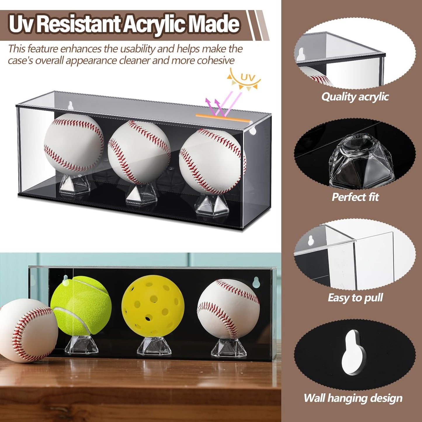 Baseball Golf Ball Display Case for 3 Balls UV Protected Acrylic Boxes for Display Ball Cube Memorabilia Showcase Autograph (Black, 11.4 x 4.3 x 3.15 Inch)