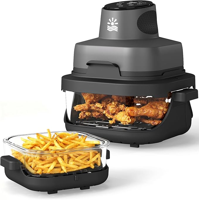 4-in-1 Portable Glass Air Fryer - 1500W, 4.2QT & 6 Cup Dual Containers, 140°F–400°F Temp Range, Microwave, Freezer & Dishwasher Safe, Grey