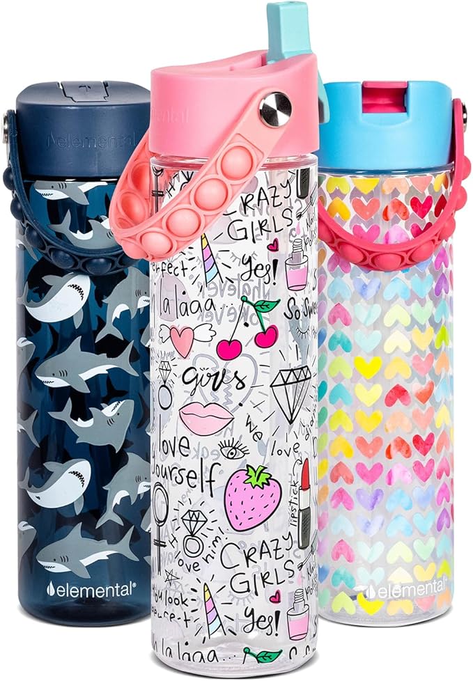 Elemental Splash Water Bottle with Straw - BPA-Free Tritan Plastic Reusable Water Bottle with Pop It Strap - Ideal for Travel, Gym and Sports - Leak Proof when Spout is Closed - 26oz - Girl Power