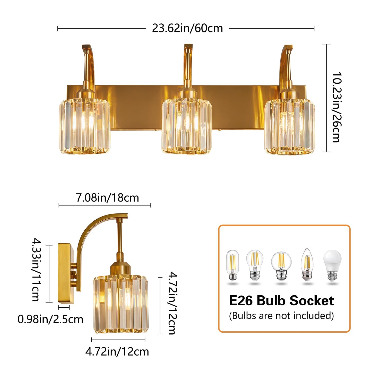 Fdpby 3-Light Crystal Vanity Light  Modern Gold Bathroom Wall Sconce With K9 Crystal Shades  23.62 Long Over Mirror Lighting For Vanity  Makeup  Hallway  Elegant & Durable