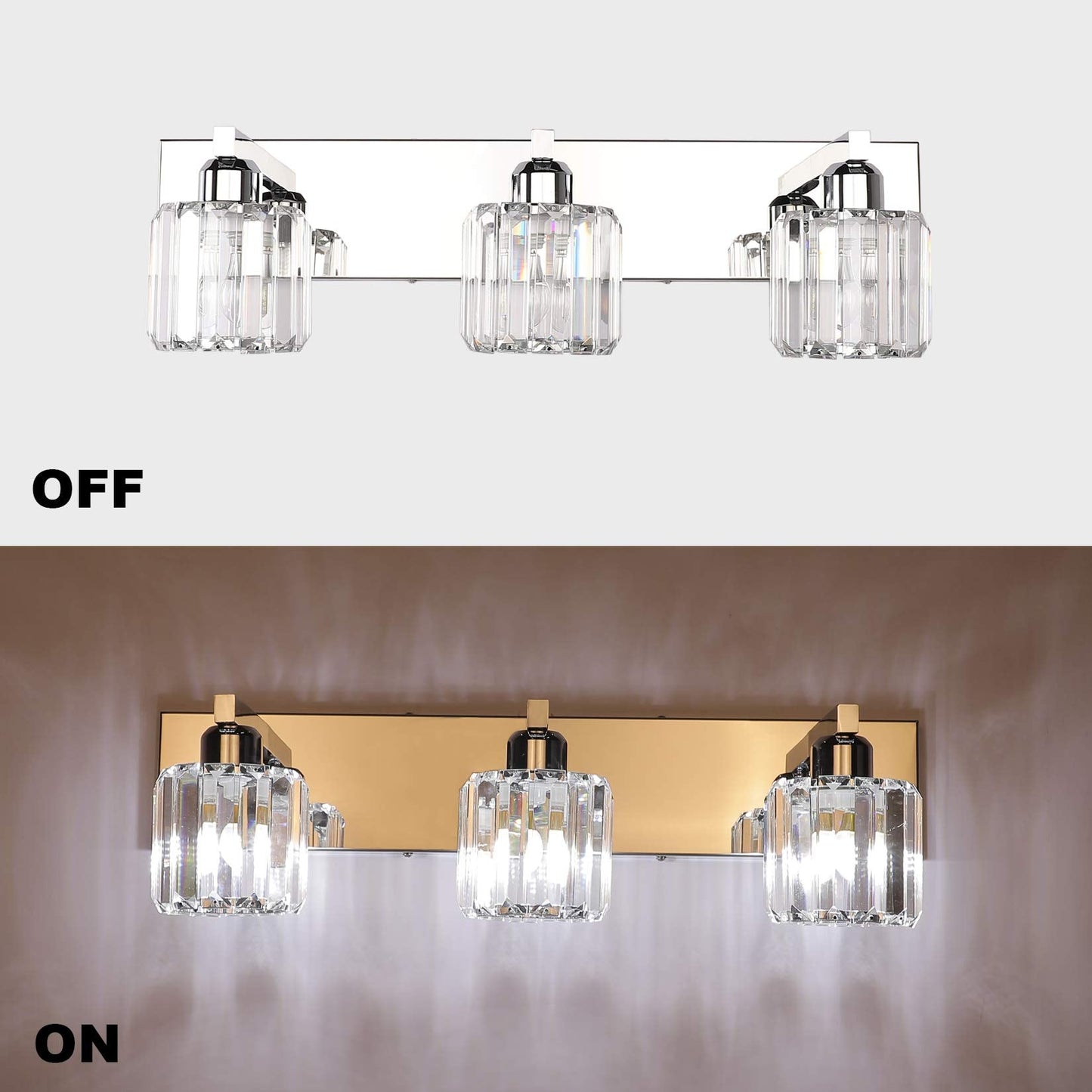 Aipsun Crystal Vanity Light Fixture - Modern 3-Light Wall Light For Bathroom, Chrome, 23 Inch, Model 8460
