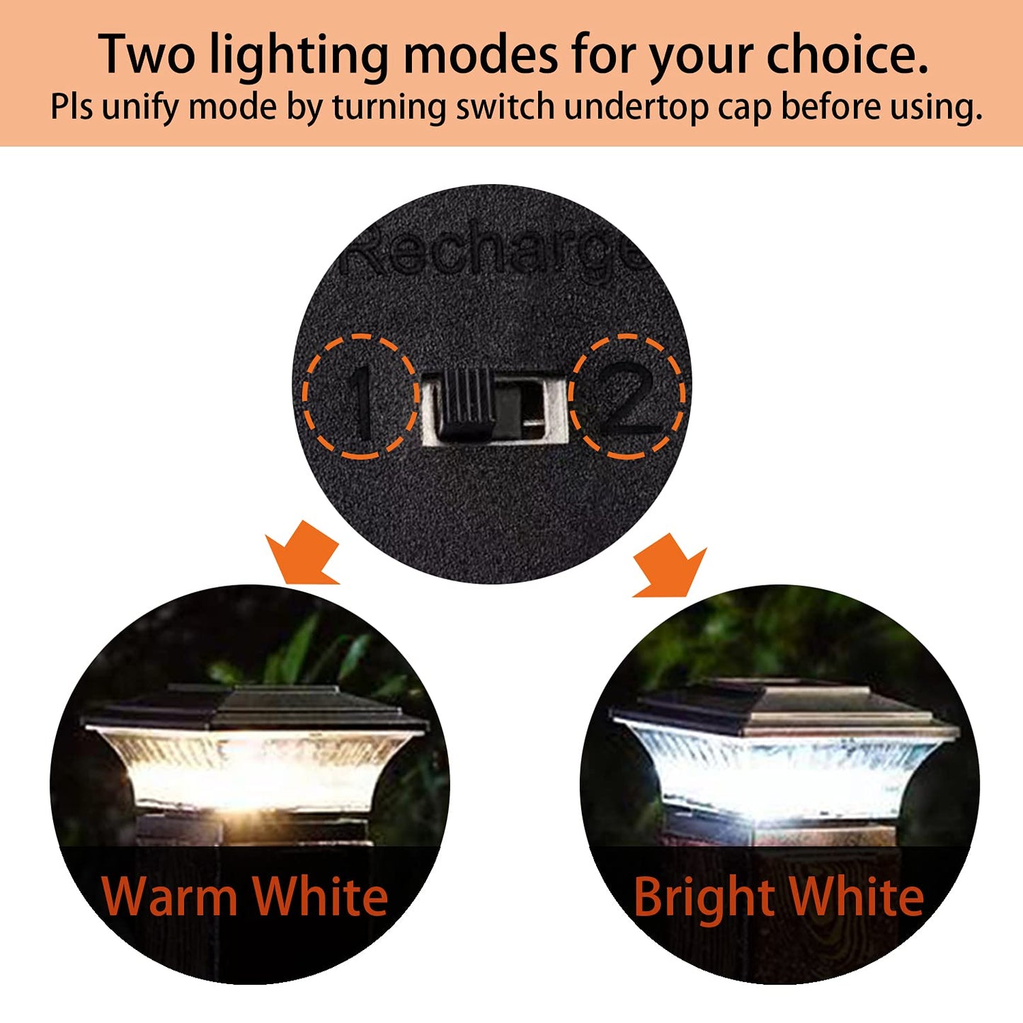 HUYIENO Solar Post Cap Lights LED Outdoor Lighting 4PK Warm White/Bright White Black for 4x4 Wooden Posts