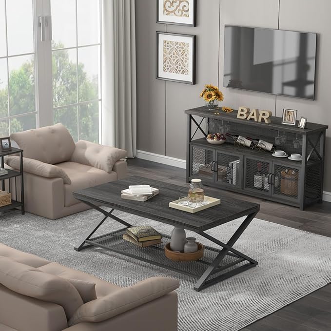 LVB Wine Bar Cabinet, Industrial Coffee Bar Cabinet for Liquor and Glasses, Modern Sideboard Buffet with Storage Rack, Rustic Liquor Home Bar for Kitchen Dining Living Room, Dark Gray Oak, 47 Inch