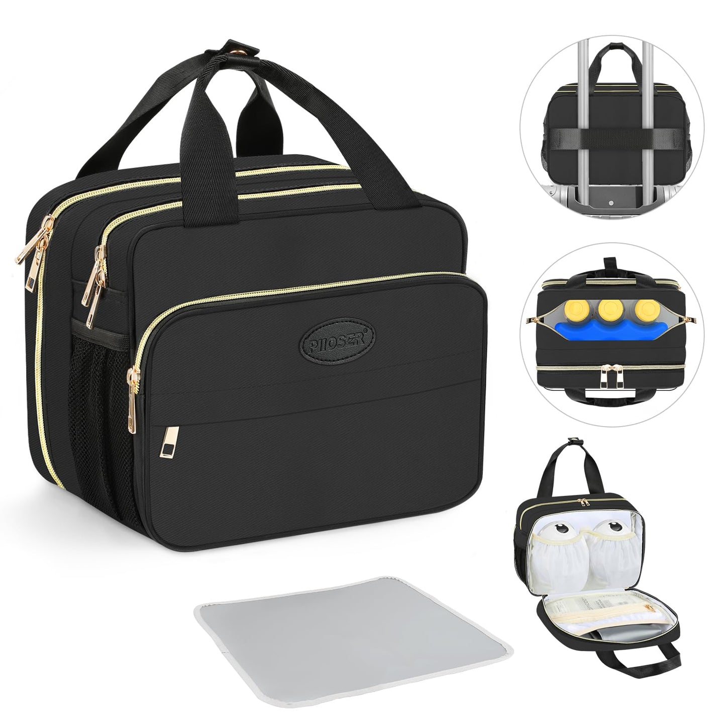 PIIOSER Insulated Baby Bottle Bag with Ice Pack, Breastmilk Cooler Compatible with Wearable Breast Pumps & Accessories - Breastfeeding On The Go Travel for Nursing & Working Moms, Black
