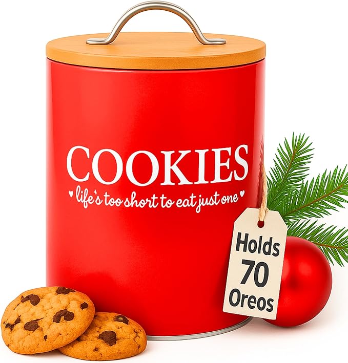 D'Lifeful Cookie Jar with Airtight Bamboo Lid – 0.6 Gallon Cute and Decorative Cookie Storage for Kitchen Countertop – Farmhouse Storage Tin for Freshness – Great Gift Idea - Red