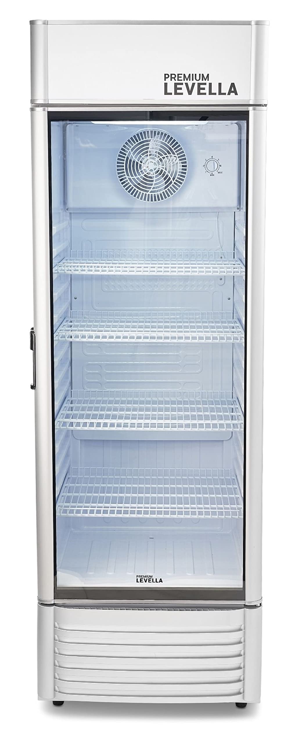 PremiumLevella PRF155DX Glass Door Display Refrigerator 15.5 cu ft Commercial Beverage Cooler Merchandiser With Customizable Lightbox - Silver