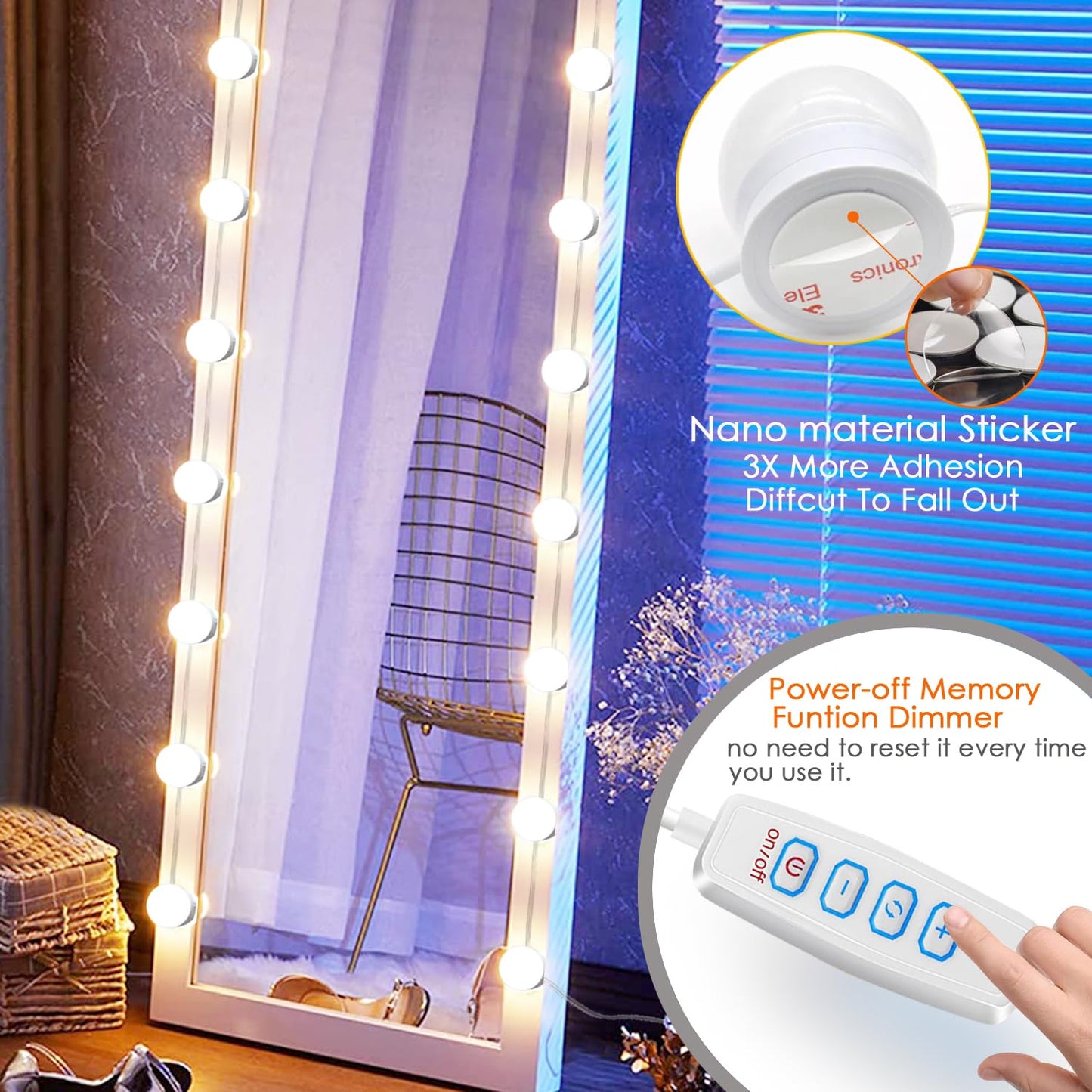 HELOIE LED Vanity Mirror Lights, 22.6ft with 14 Dimmable Bulbs, White, Model UML-14