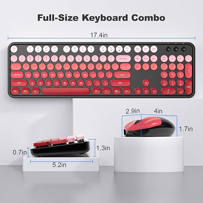 MOFII Wireless Keyboard and Mouse Combo, 2.4GHz Retro Typewriter Keyboard Full Size, Cute Wireless Mice, USB Dongle Plug and Play, for Laptop, PC, Desktop, Windows (Black Red Gradient Color)