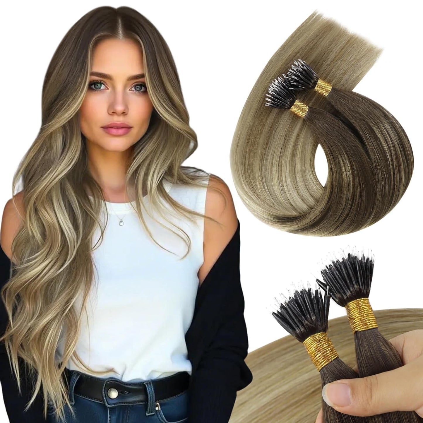 Sunny Hair Nano Bead Extensions Human Hair Brown Roots to Light Blonde Nano Hair Extensions Ombre Nano Ring Extensions Real Remy