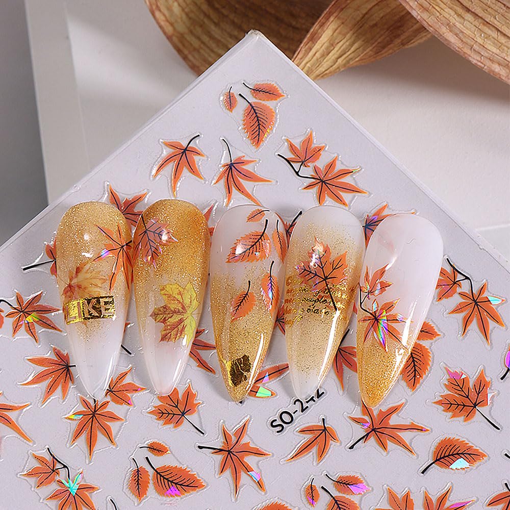 4-Sheet 3D Maple Leaves Nail Art Stickers - Fall Leaves & Maple Leaf Designs - Thanksgiving & Autumn Themed Nail Decals