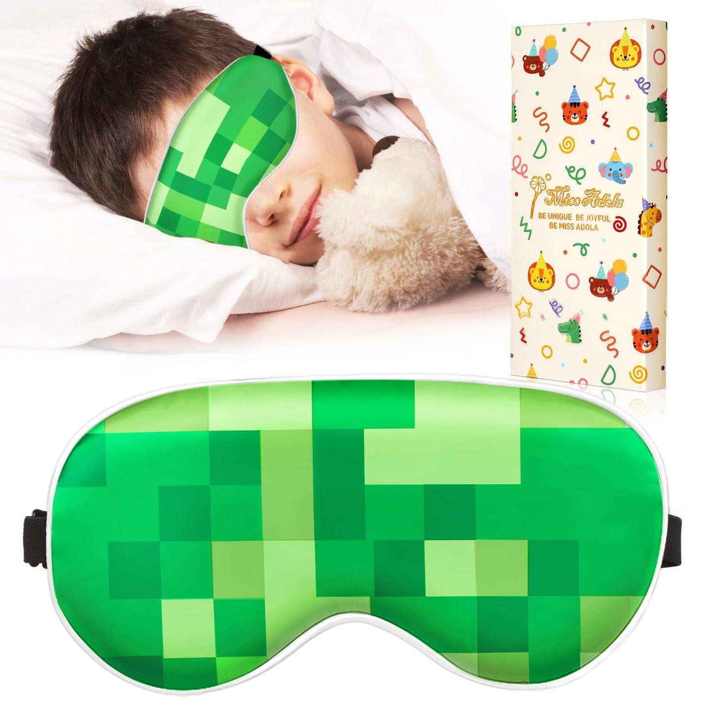Miss Adola Sleep Mask for Kids - Cute Kawaii Cartoon Silk Sleeping Mask with Adjustable Strap Soft Smooth Light Eye Mask for Sleeping Silk Kids Eye Cover for Boys Girls Teens, Green Grid World