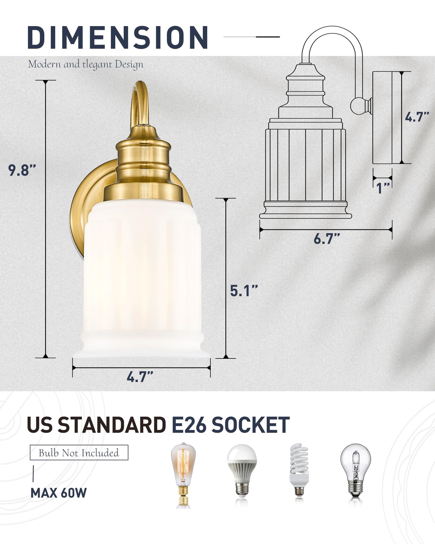 HWH Modern Bathroom Wall Sconces, 1-Light Vanity Light Wall Lamp with Frosted White Bell-Shaped Glass, Brushed Gold Finish, 5HZG106B BG