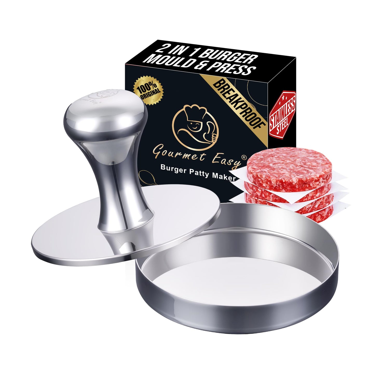 2-in-1 Smash Burger Press & Patty Maker, Heavy Duty Premium Stainless Steel Hamburger Helper, Easy-Clean Design, Hamburger Press