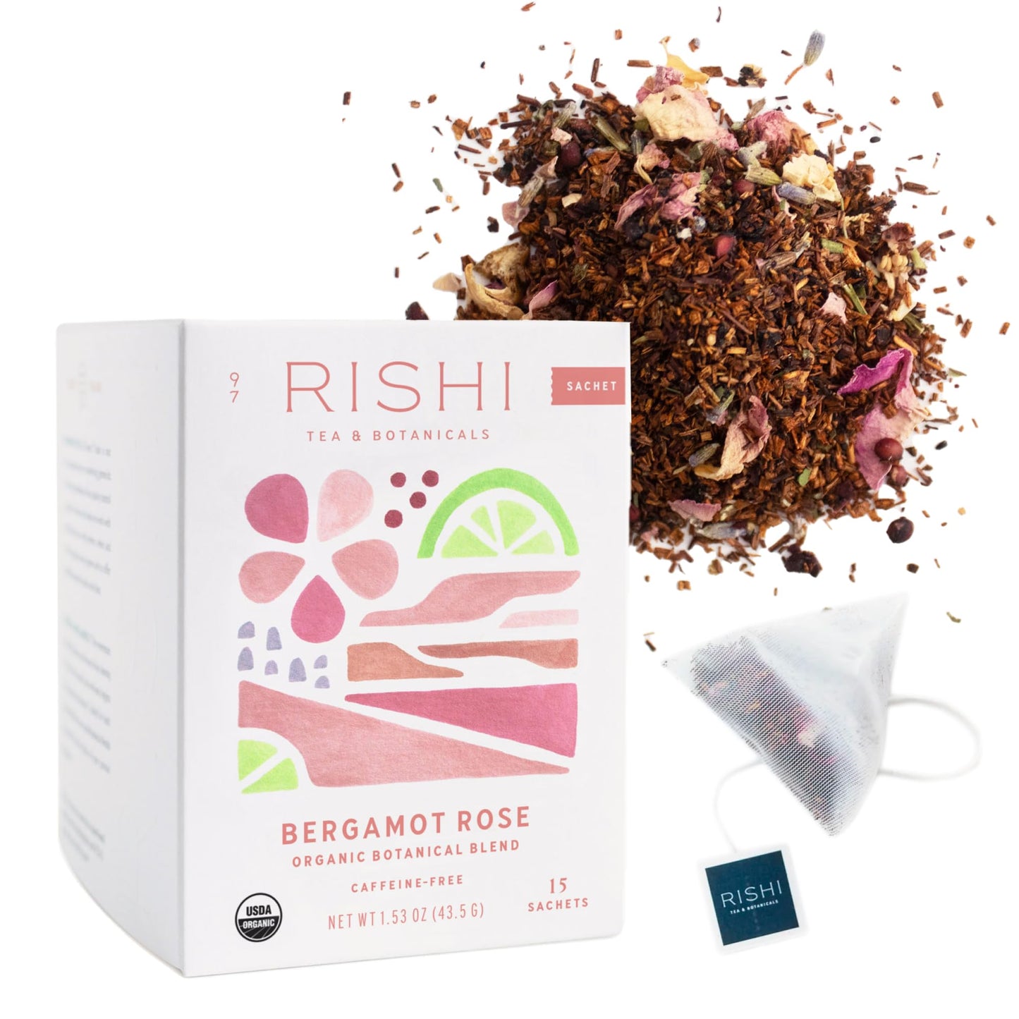 Rishi Tea Bergamot Rose Herbal Tea - Organic  Caffeine Free Sachet Bags  Floral And Citrus Botanical Blend - 15 Count (Pack Of 1)