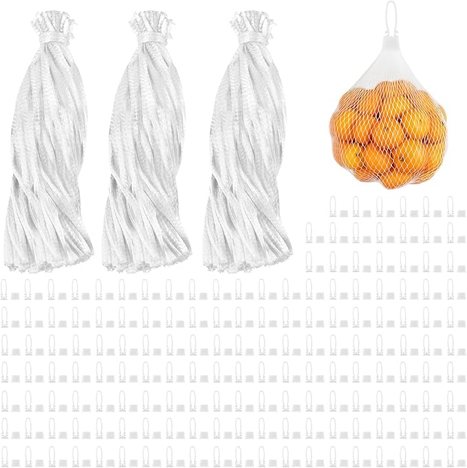 300 Pcs White Reusable Mesh Produce Bags, 20 Inch Seafood Boil Bags for Crab with 300 Loop Closures, Onion Potato Storage Net Bag for Vegetables Fruits Seafood