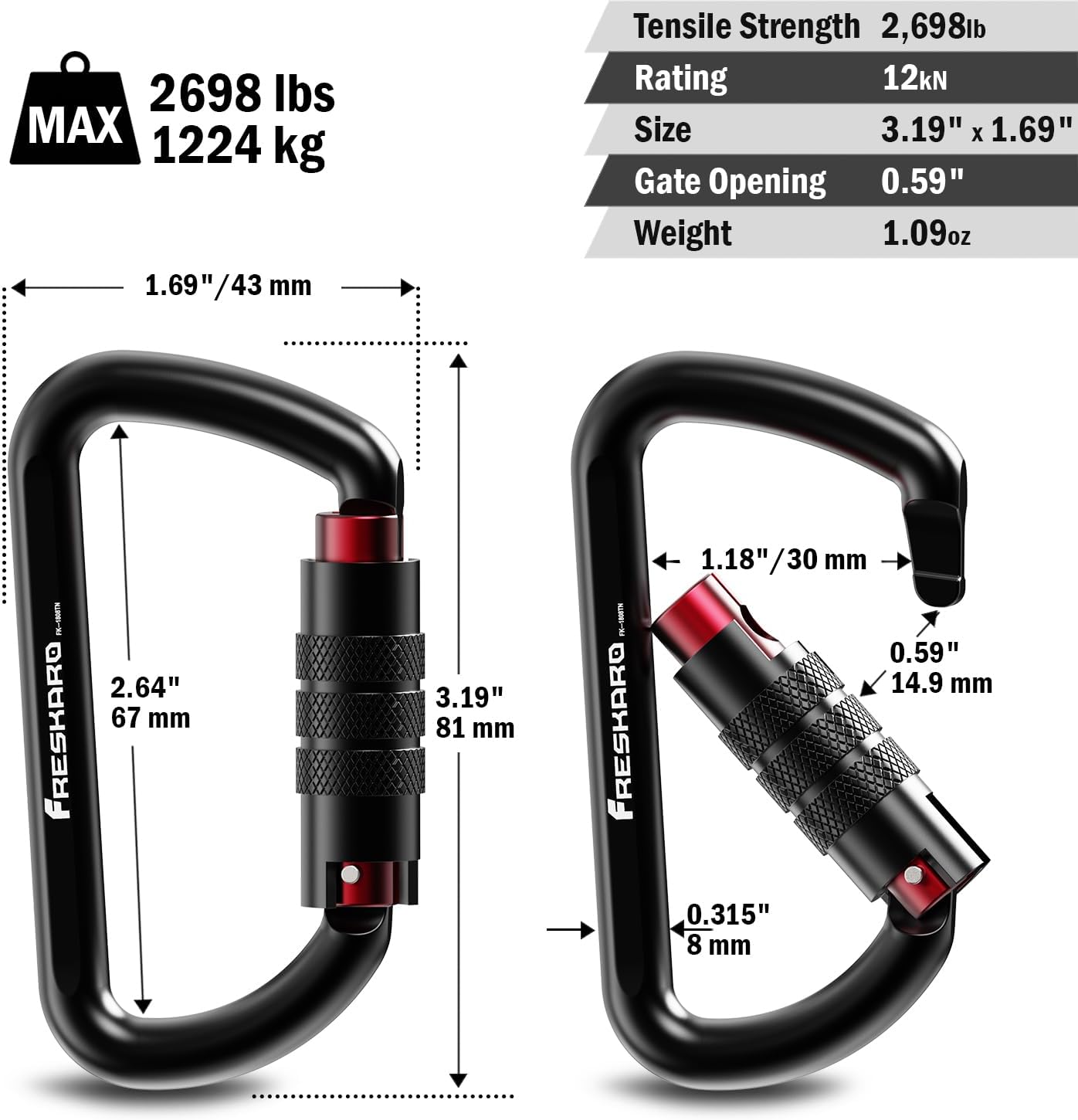 FresKaro 3inch 12kN-2698lbs Auto Locking Carabiner Clips, Solid D Shape, Heavy Duty 7075 Aluminum, Lightweight 1.09oz, Rust Proof, for Hammock, Hiking, Dog Leash, Keychain etc., Multi-Colors