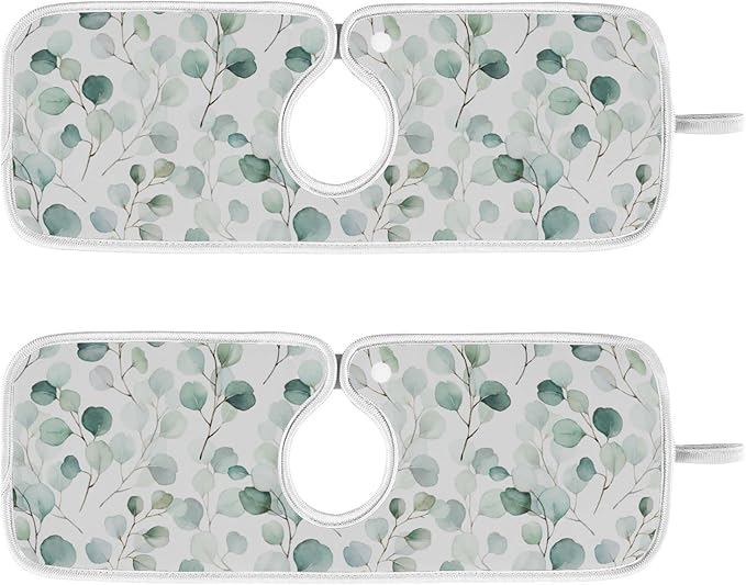 Kitchen Faucet Absorbent Mat,Flower Green Leaves Water Splash Guard for Sink, Faucet Drip Catcher Thicken Sponge Microfiber Faucet Water Catcher Mat Sink Absorbent Mat for Kitchen 23x5in 2 Pack