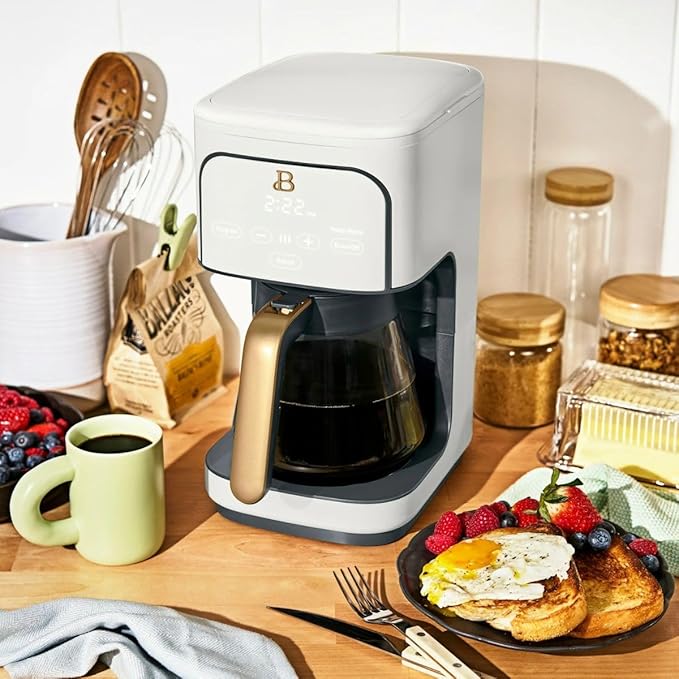 Beautiful 12-Cup Programmable Coffee Maker with Touch-Activated Display, Auto Brew Timer, Reusable Filter & Large Glass Carafe (White Icing)