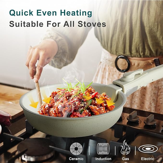 NEWBULIG Nonstick Kitchen Cookware Set, Pots and Pans with Detachable Handle, Induction Compatible, Dishwasher & Oven Safe, Space-Saving, Cream White, 12 Pieces(5 Pot)