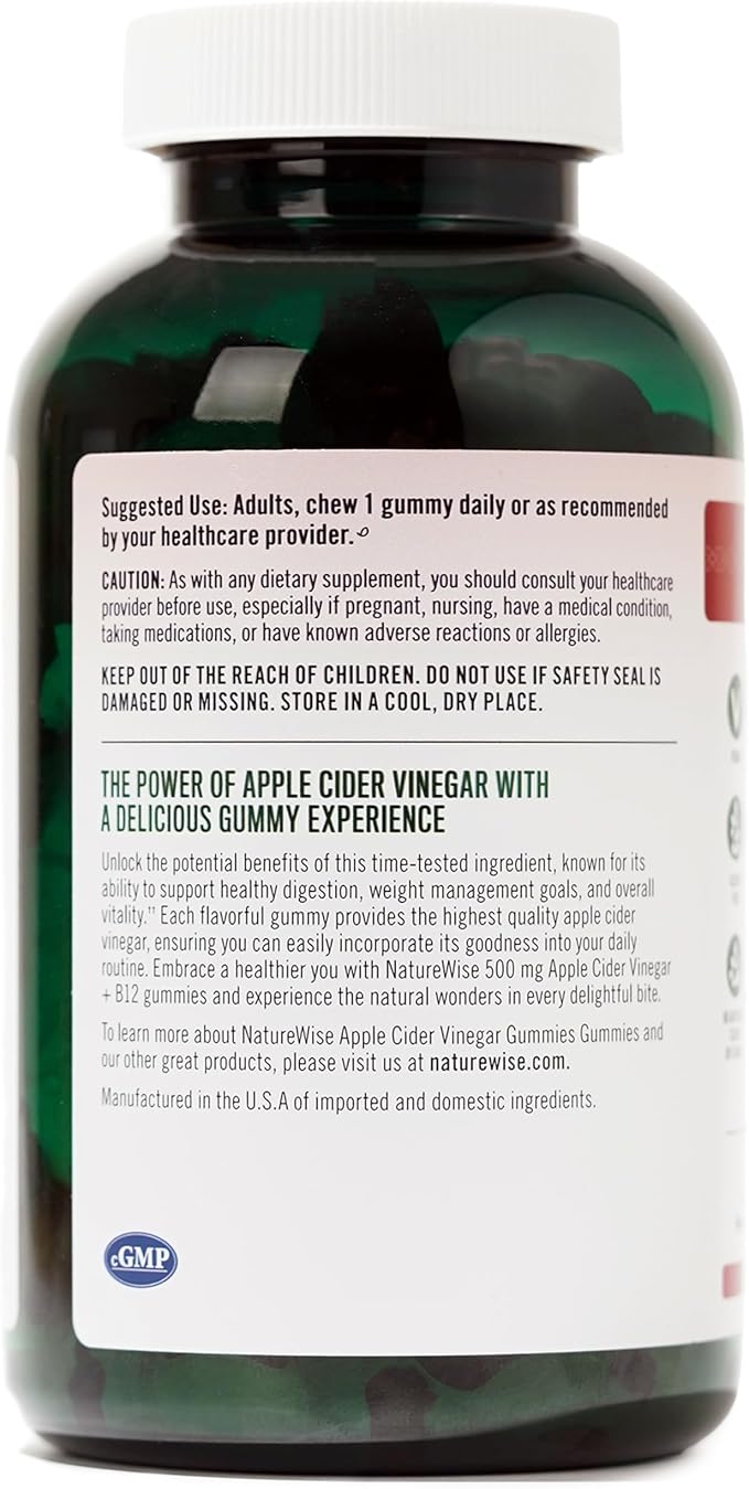 NatureWise Apple Cider Vinegar Gummies - 1000mg ACV per 2 + Vitamin B12 - Pectin Based Vegan, Gluten-Free, Non-GMO - 180 Count[90-Day Supply for 1000mg or 6-Month Supply for 500mg]