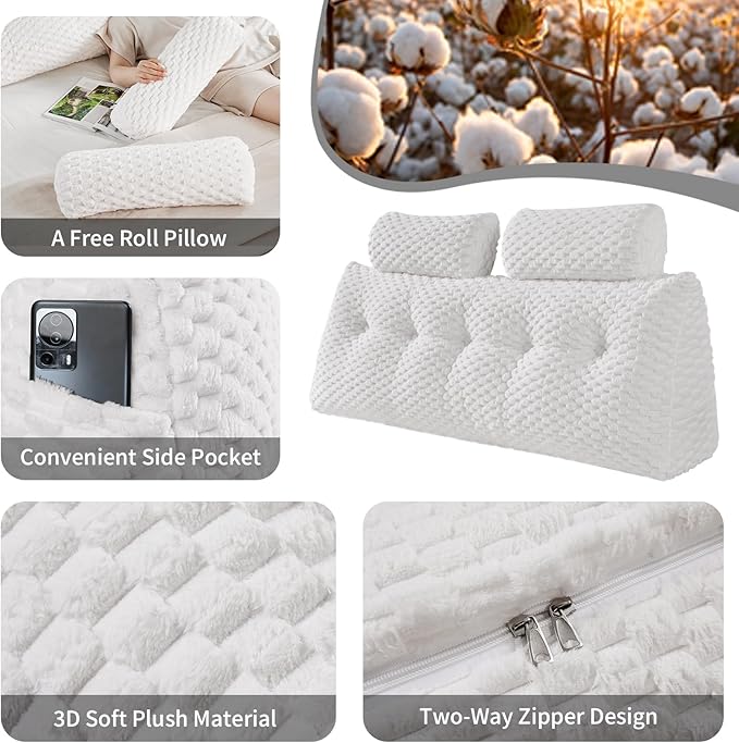 Wedge Headboard Pillow - Bed Wedge Pillow for Headboard Triangular Headboard Pillow with Neck Roll Pillow-Large Bolster Pillow for Sitting in Bed Backrest Positioning Support (White,59x8x20 Inches)