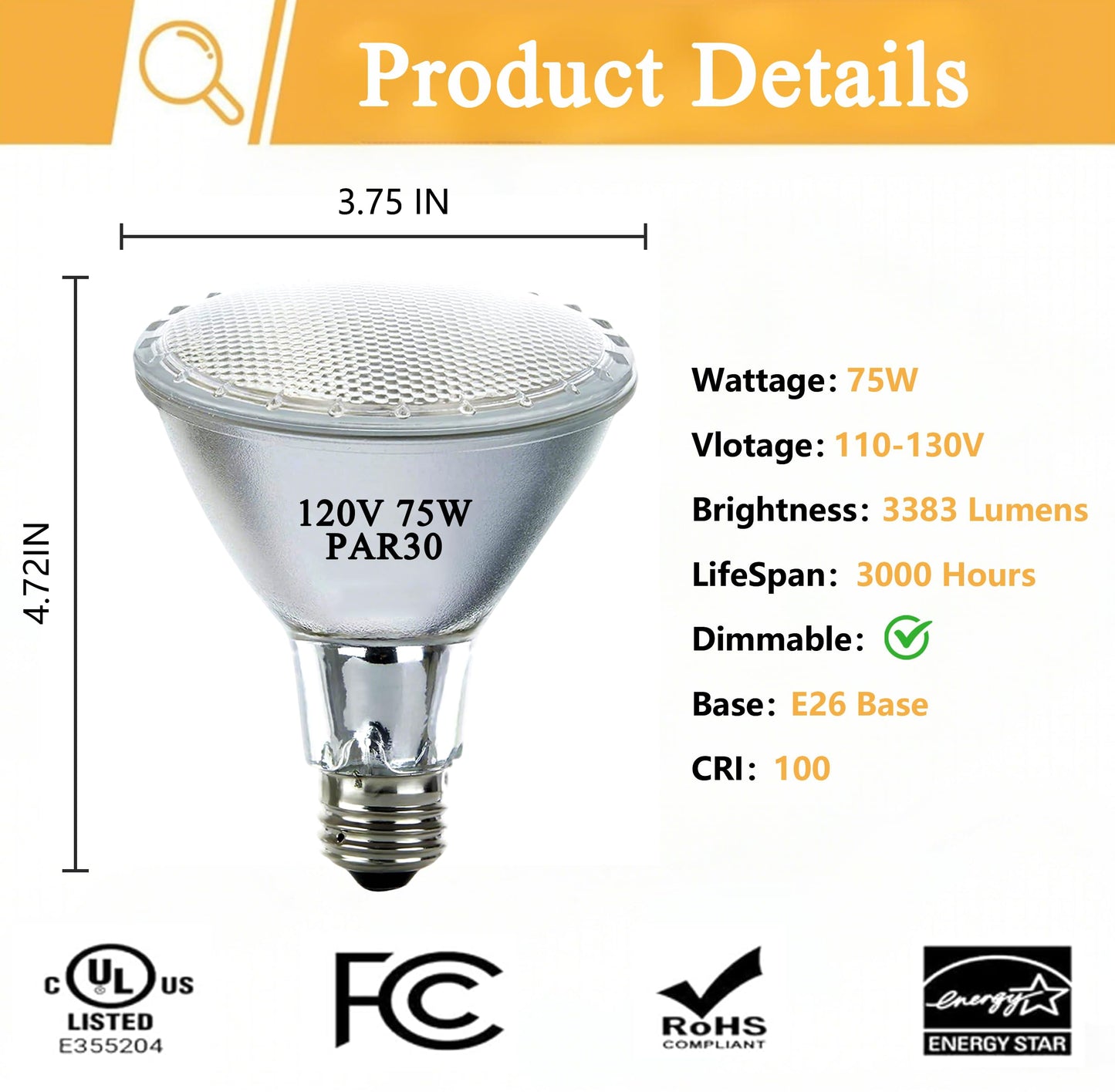 Lachesan Par30 Halogen Flood Light Bulbs120V 75W  Halogen Long Neck Bulb  2700K Warm White Dimmable High Brightness  Great For Accent Lighting  Tracking  Recessed Bulb