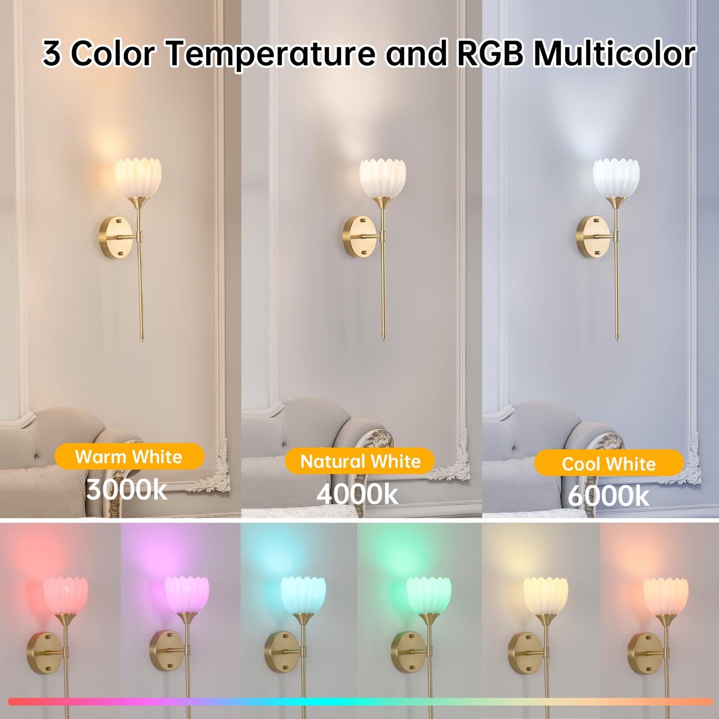 Shenmoyl Battery Operated Wall Sconce Set of 2, Vintage Glass Light Fixture, Rechargeable, Tulip White-Sceptre Brass, Model 295af6ef