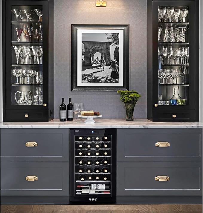 BODEGACOOLER 28 Bottle Mini Fridge for Home and Kitchen, Compressor Wine Cooler Refrigerator for Bedroom, Wine Cooler with Digital Temperature Control & Double-layer Glass Door for Wine, Champagne.