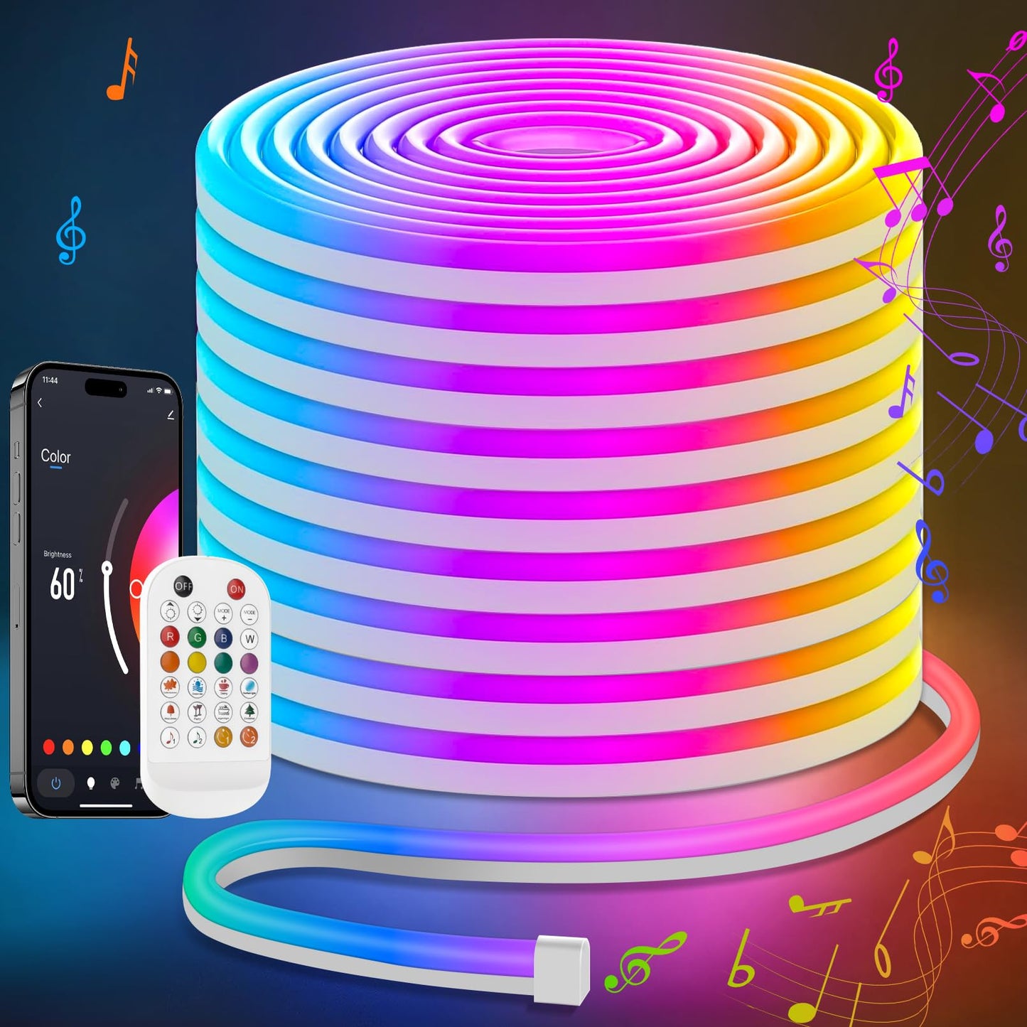 Lamomo LED Strip Lights 65.6Ft RGB Neon Rope Light, Waterproof, App Remote Control, Music Sync, Cuttable