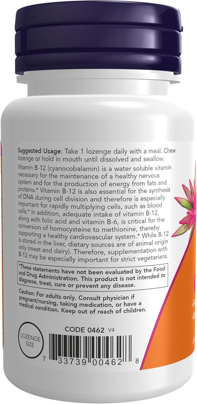NOW Supplements, Vitamin B-12 5,000 mcg, with Folic Acid, Nervous System Health*, 60 Lozenges (Pack of 2)