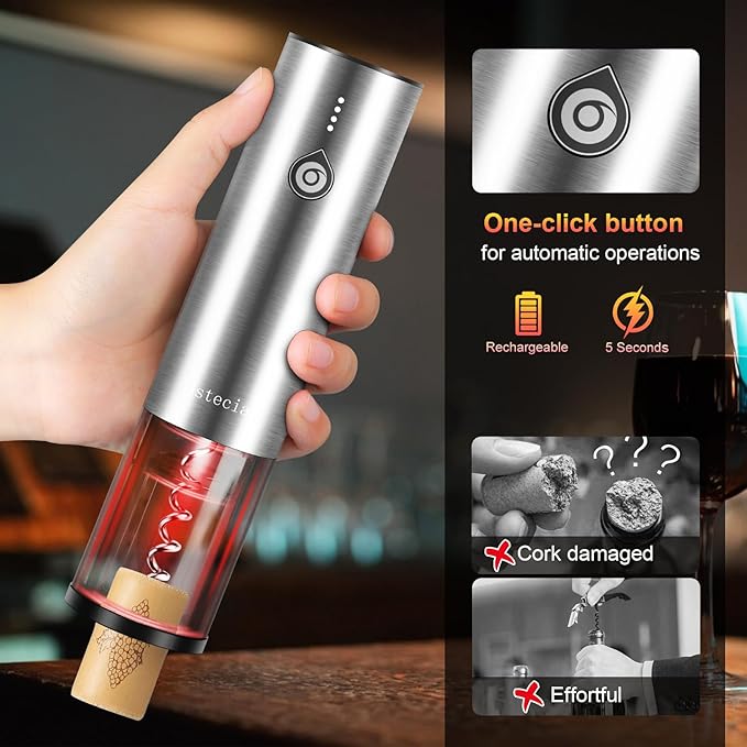 Electric Wine Bottle Opener Set, with Luxurious Wooden Gift Box, 2-in-1 Electric Decanter Wine Aerator & Dispenser, Vacuum Stopper, Foil Cutter, Automatic Wine Opener for Wine Lovers Home Bar