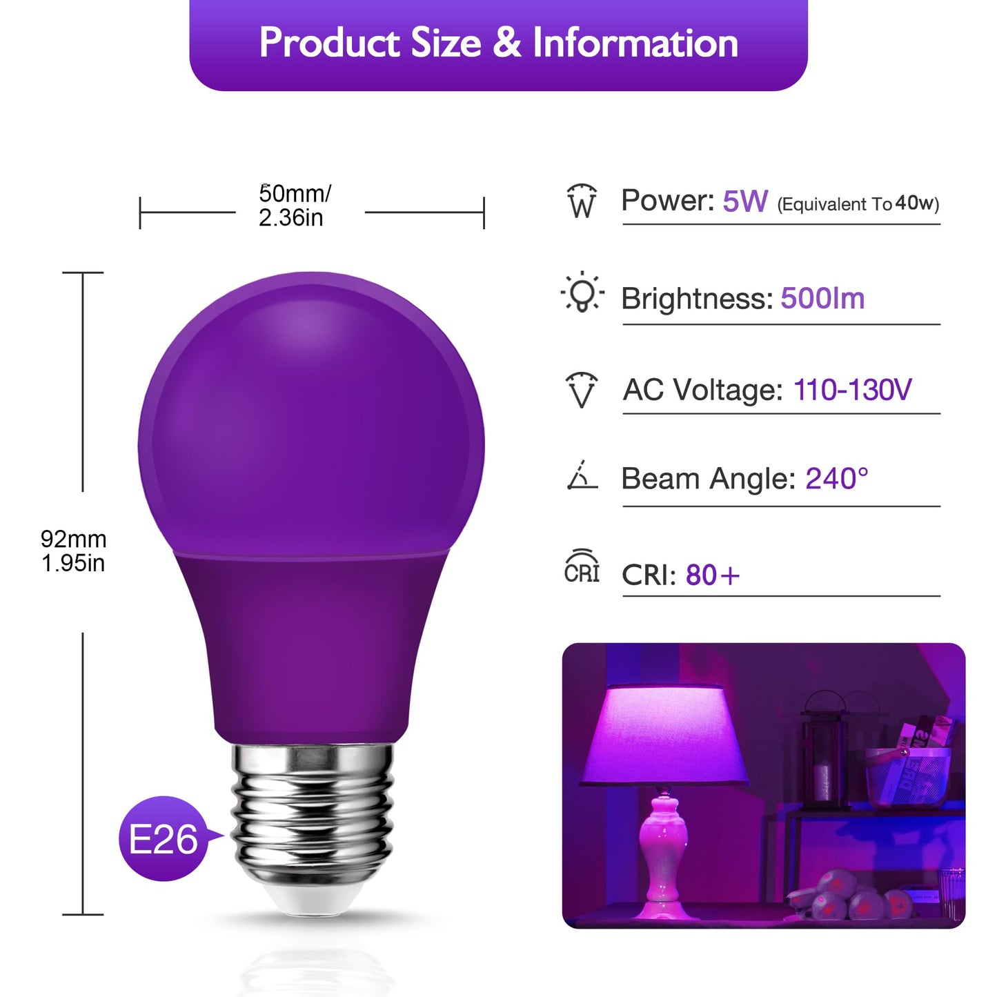 Purple Light Bulb  5W (40W Equivalent)  E26 Base A15 Led Purple Bulb  Party Decoration  Porch  Home Lighting  Holiday Lighting  Decorative Illumination  Non-Dimmable  2 Pack