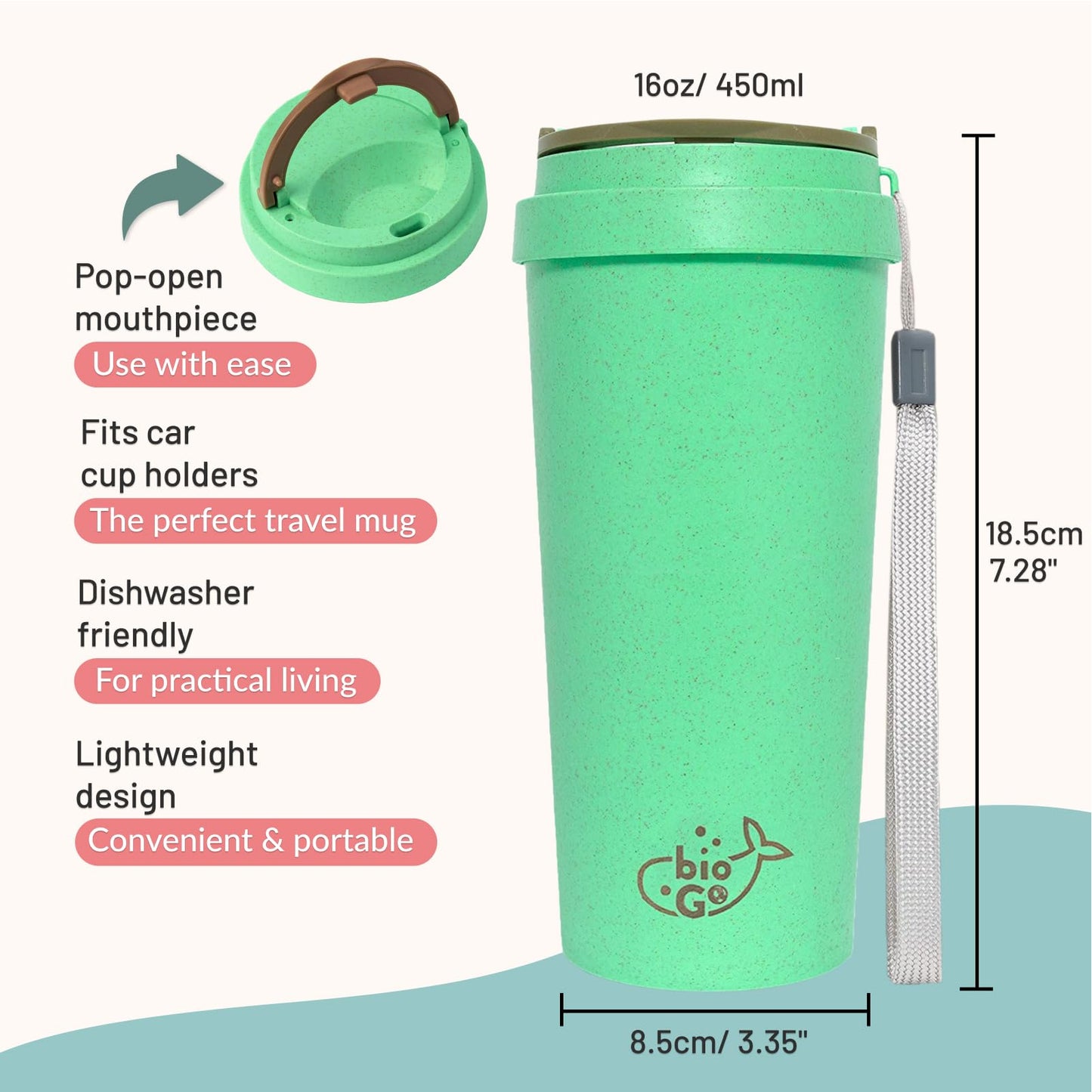 bioGo 16oz Cup, Rice Husk Fibre, BPA-Free, Double Wall Insulation Reusable Coffee Cups, On-The-Go Travel Mug, Screw Tight Lid, Textured Grip, Ultra Lightweight Coffee Cup (Mint, 16oz)
