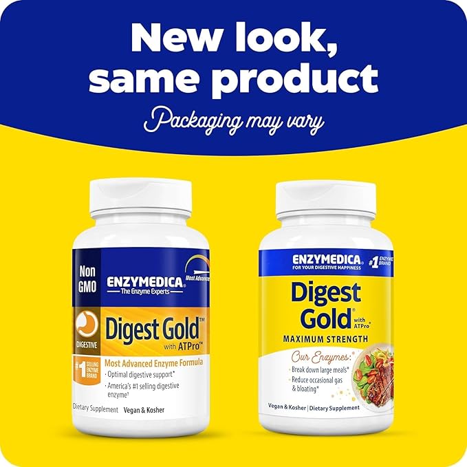 Enzymedica Digest Gold + ATPro, Maximum Strength Digestive Enzymes, Helps Digest Large Meals for Instant Bloating Relief, 45 Count
