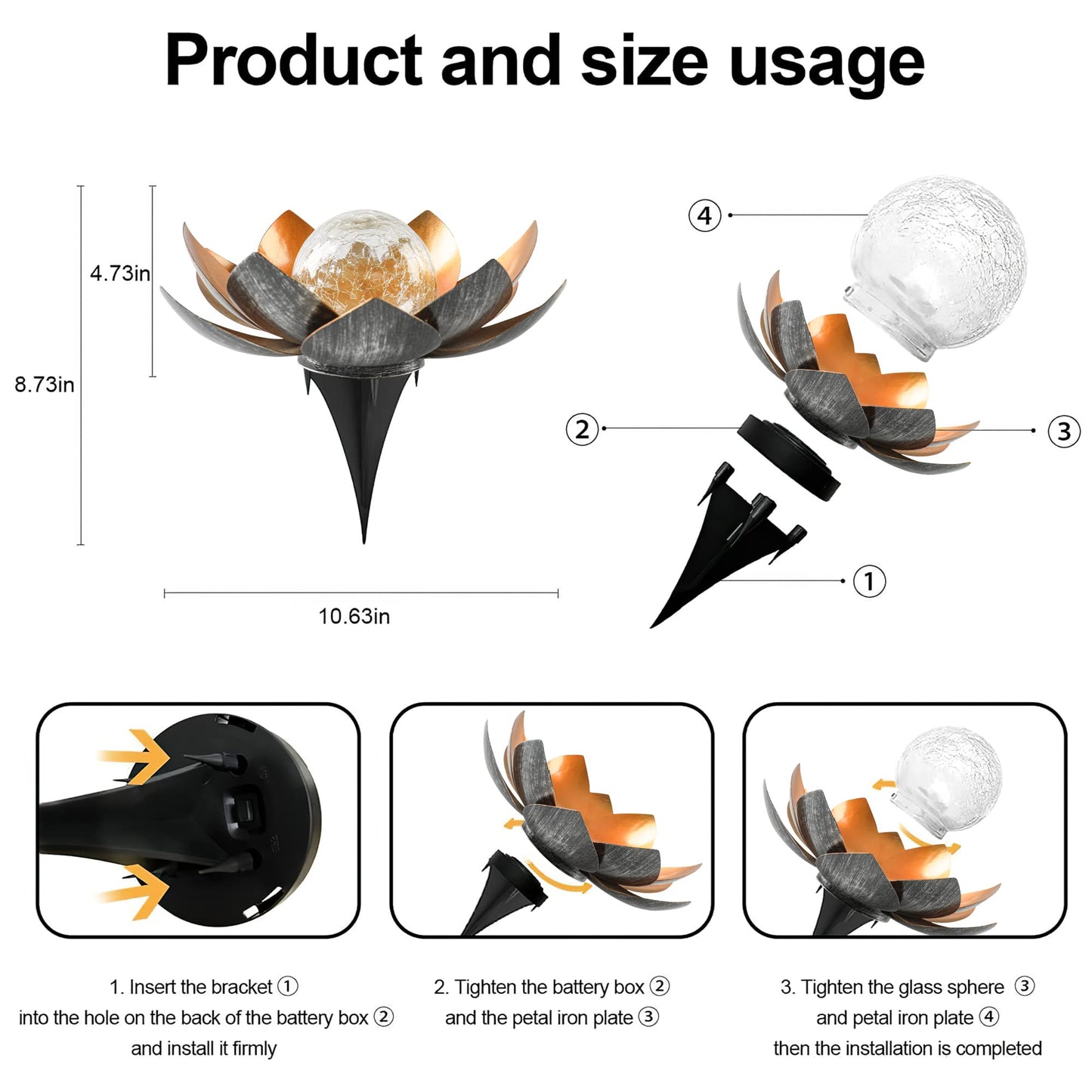 QZHP Outdoor Solar Lights,  le Glass Globe, Waterproof Metal Lotus, Copper, Model HP001
