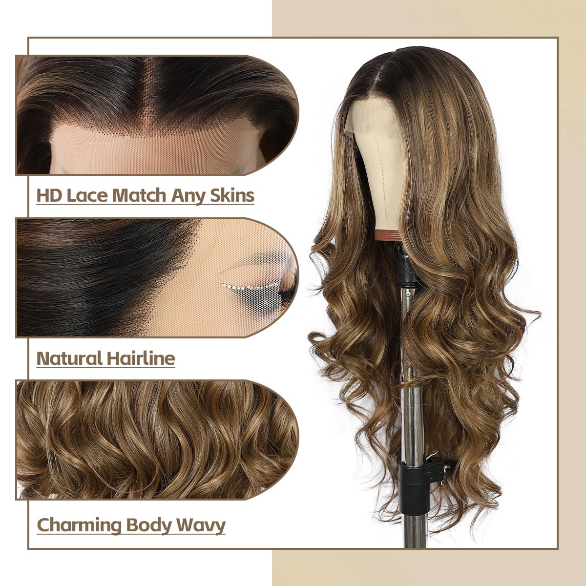 BABEHERS Highlight Brown Lace Front Wig for Women 13x4 Body Wave Synthetic Wigs Pre-plucked Long Wavy 150% Density Heat Resistan