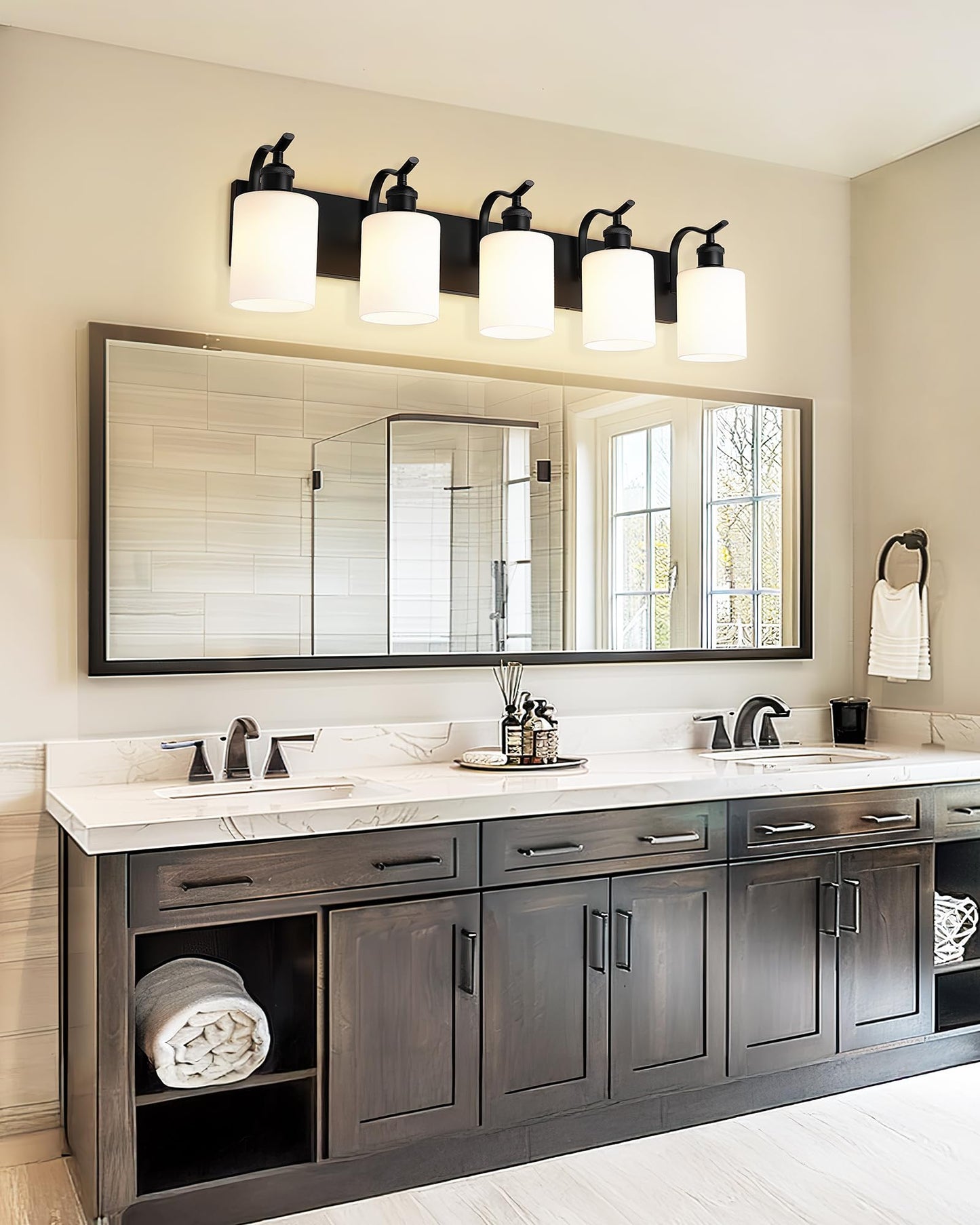 Jazava 5 Light Bathroom Vanity Light  Morden Black Vanity Light Bathroom Lighting Fixtures Over Mirror Black Wall Sconces With Milky White Frosted Shade Zcvl01Bkw-5