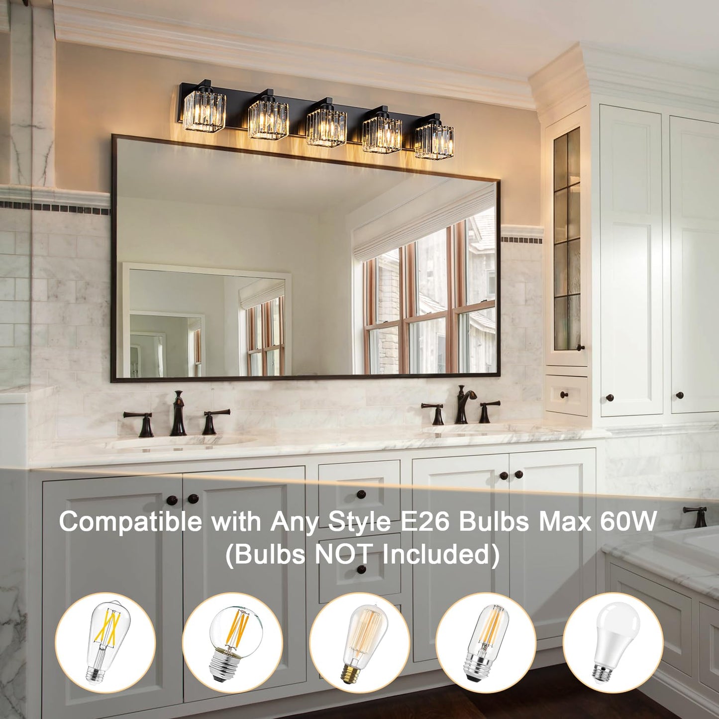 Huoku 35.43 Black Crystal Bathroom Vanity Light 5-Lights Modern Bathroom Lighting Fixtures Over Mirror  Crystal Wall Light