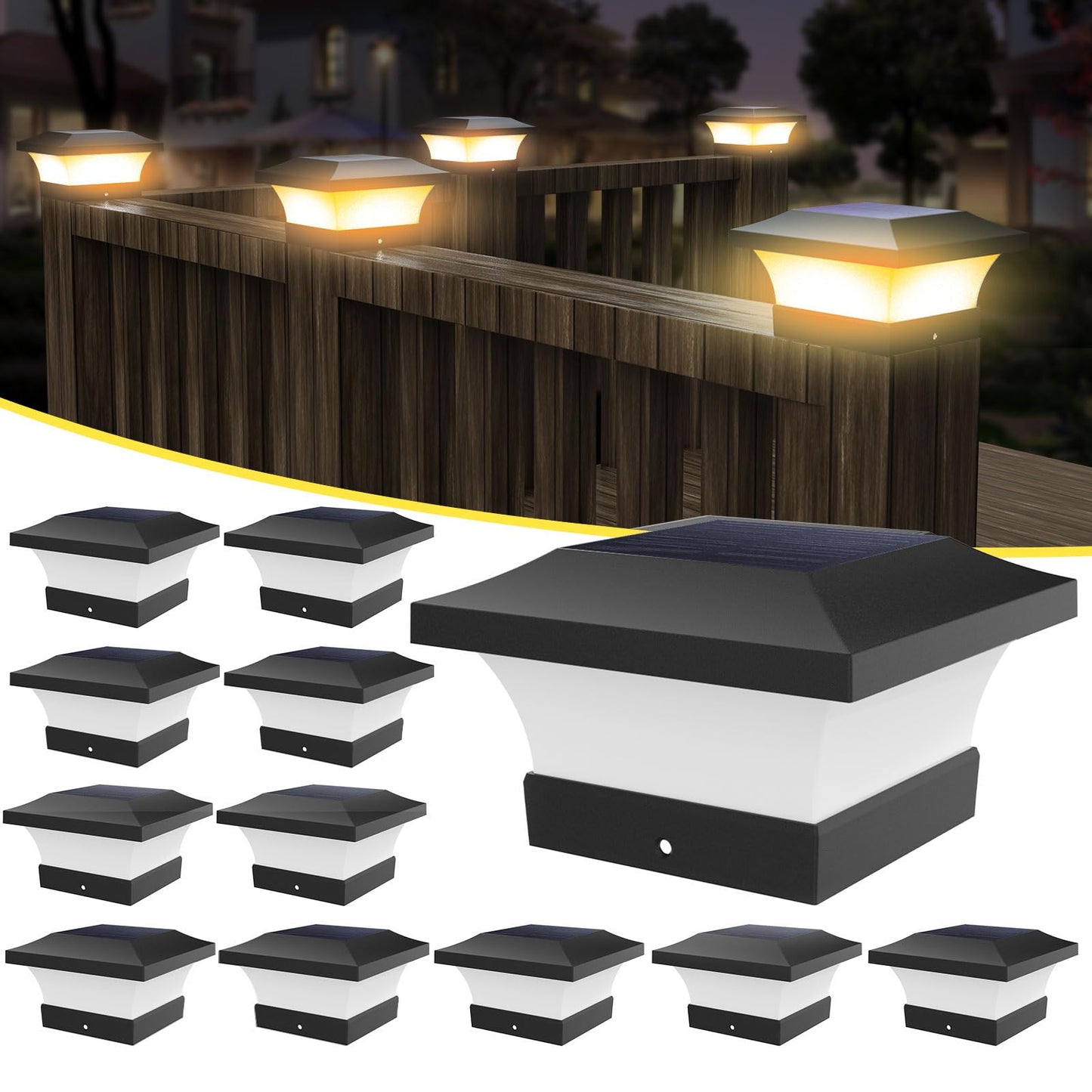 T-SUN Solar Post Cap Lights, Waterproof LED for 4x4 Posts, Eco-Friendly, 12 Pack, Black WW, Model TS-GL0403-30X12