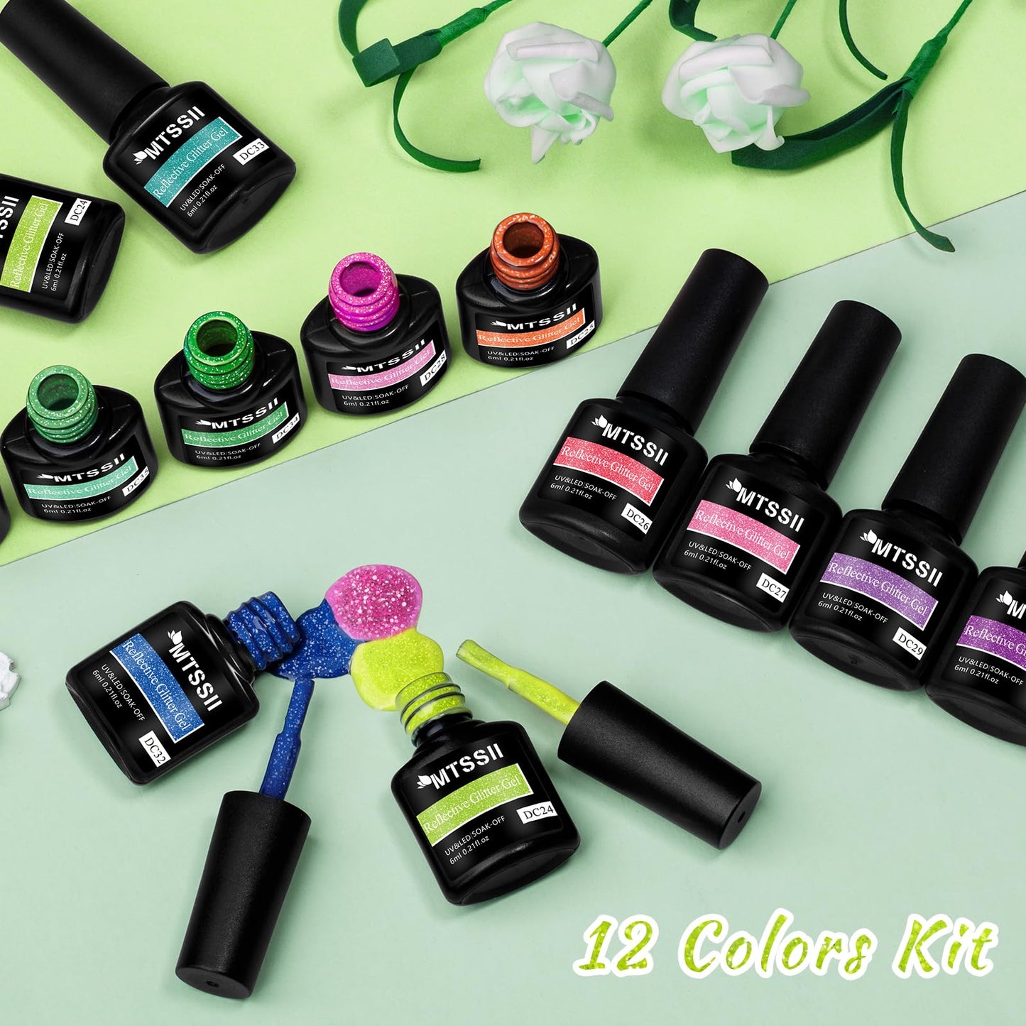 MTSSII Reflective Glitter Neon Gel Nail Polish Set, 12 Colors Gel Nail Polish Set Nails Gel Blue Hot Pink Purple Green Soak Off