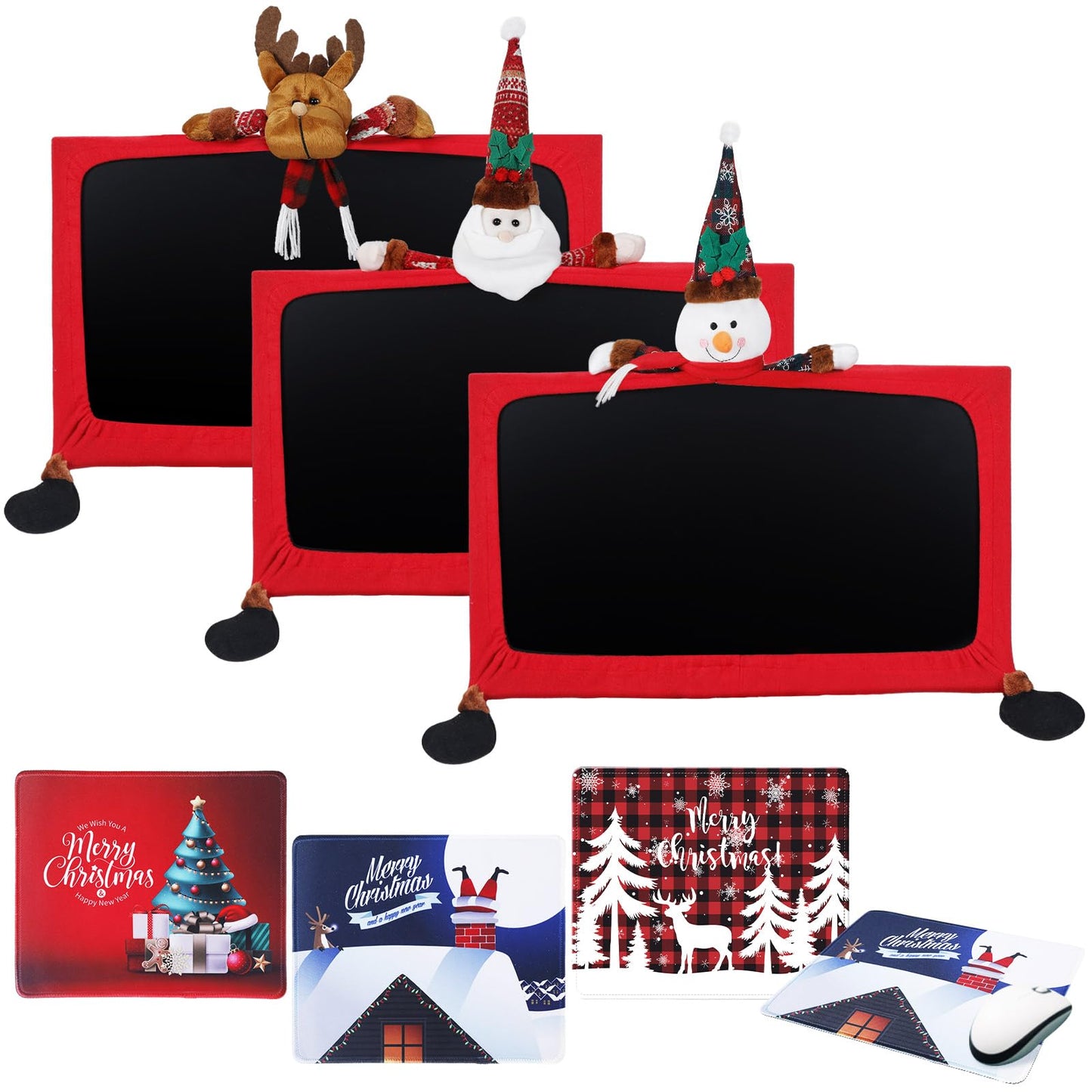 Yaocom 3 Pcs Christmas Computer Monitor Cover And 3 Pcs Christmas Mouse Pad, Computer Monitor Border Cover Elastic Laptop Access
