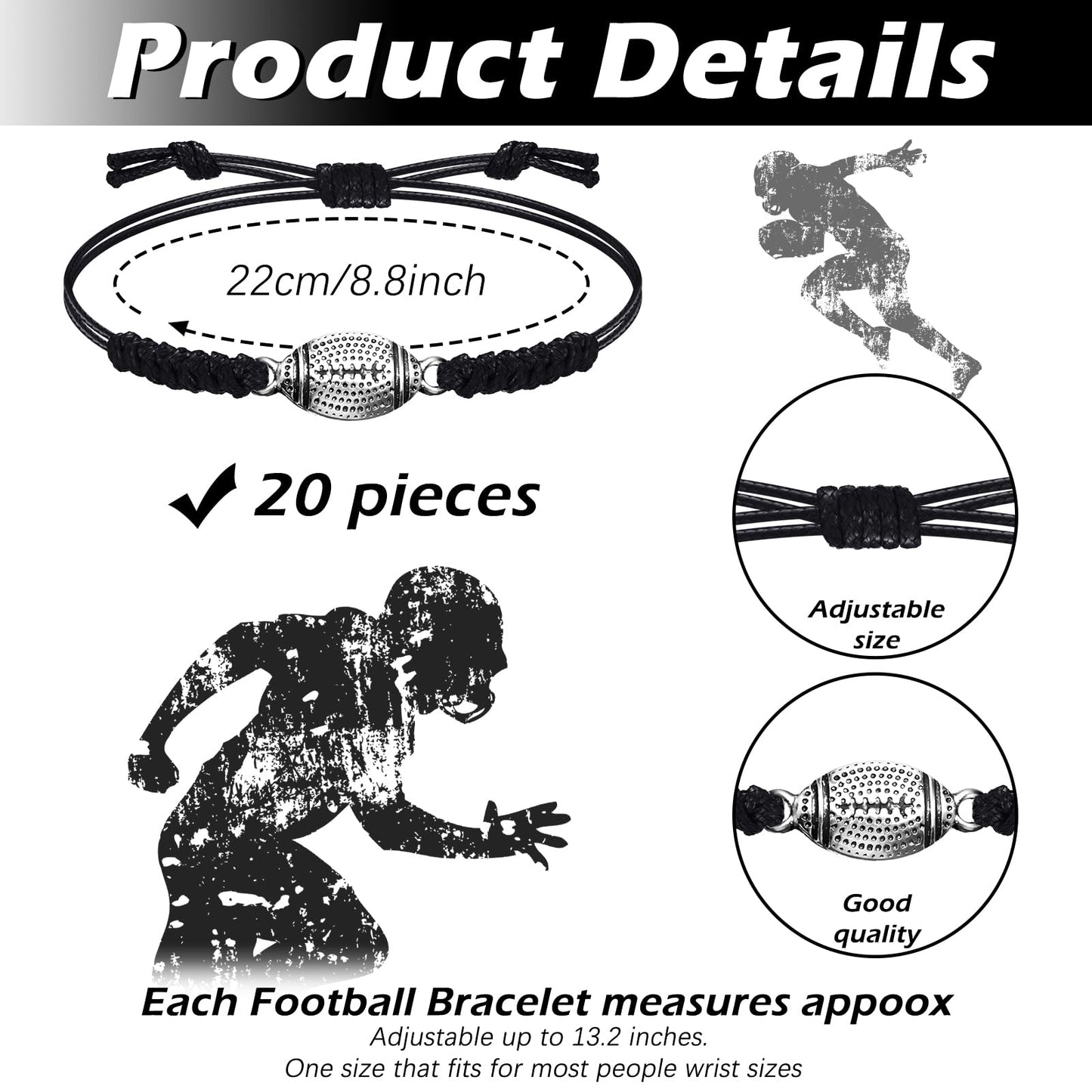 Hicarer 20 Pieces Football Bracelets Adjustable Football Charm Bracelets Football Gifts for Women Men Most Sport Team Players(Bl