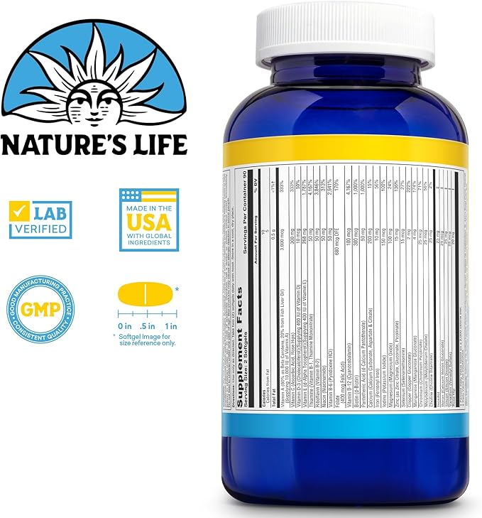 Nature's Life Daily Multivitamin for Men and Women - Complete Multivitamin with Iron - Daily Value of Most Essential Vitamins and Minerals - Healthy Energy and Immune Support - 90 Serv, 180 Softgels