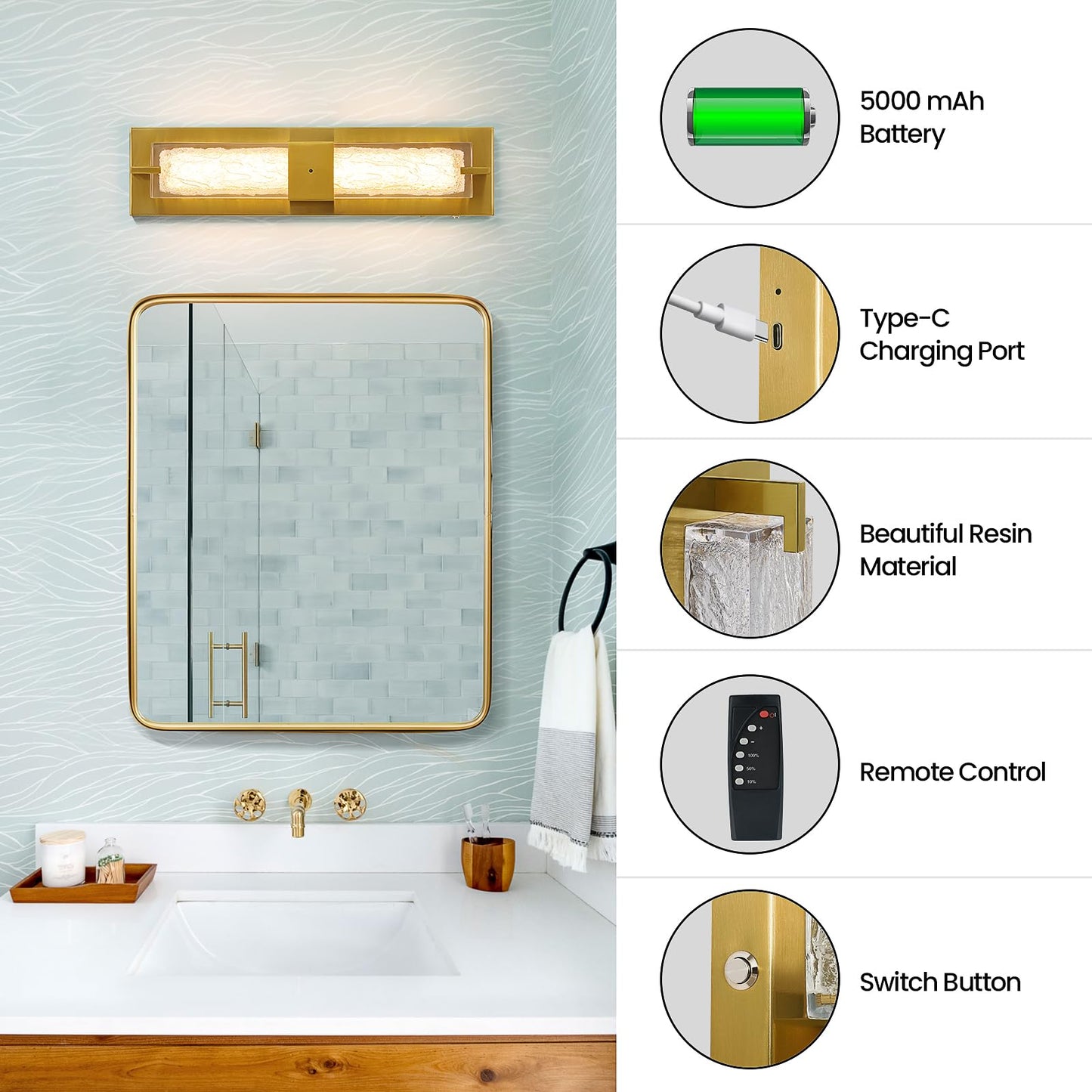 Battery Operated Resin Wall Sconce - Wireless Rechargeable Gold Wall Light Dimmable Led Remote Wall Sconces Lighting Modern Cordless Brushed Brass Vanity Light Fixture For Living Room Bedroom Bathroom
