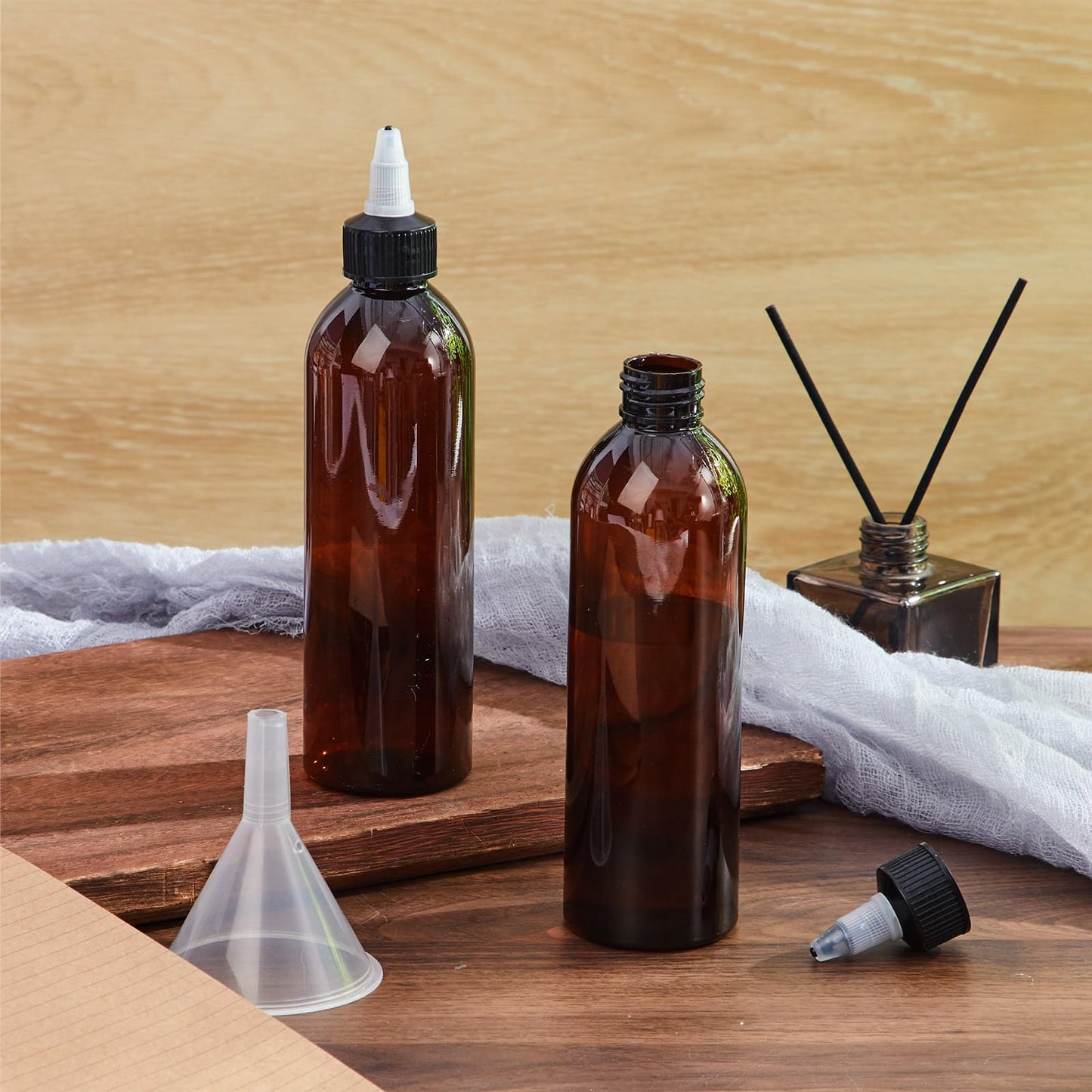 Barydat 50 Pcs 8 oz Squeeze Bottle Twist Top Applicator Bottles Empty Hair Oil Bottle with Funnels Refillable Amber Plastic Bott