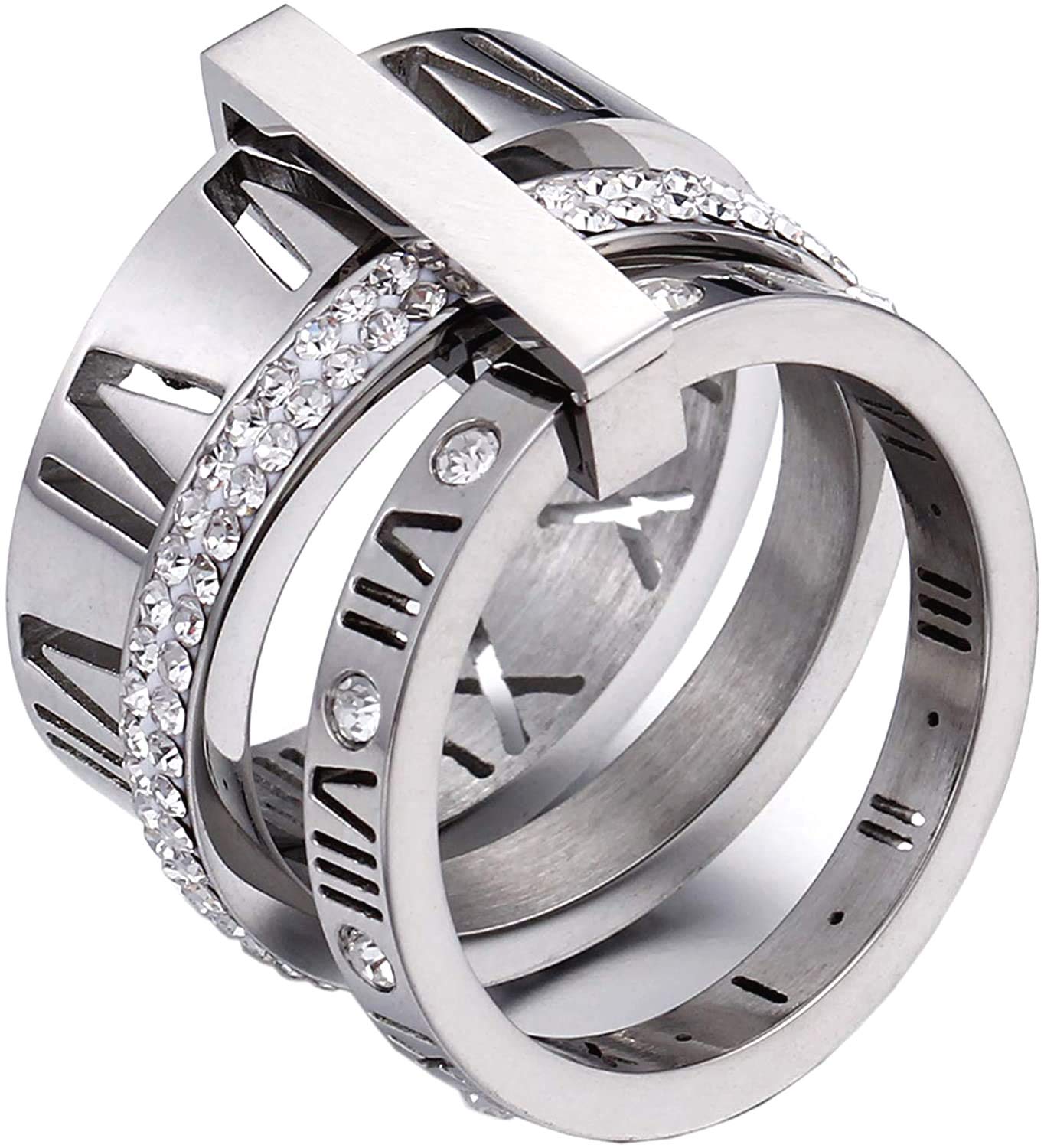 Jarlinwel Stainless Steel CZ Zirconia Roman Numeral Ring For Women Stacking Thumb 3 in 1 Spinner Rings (Silver, 11 Runs small)