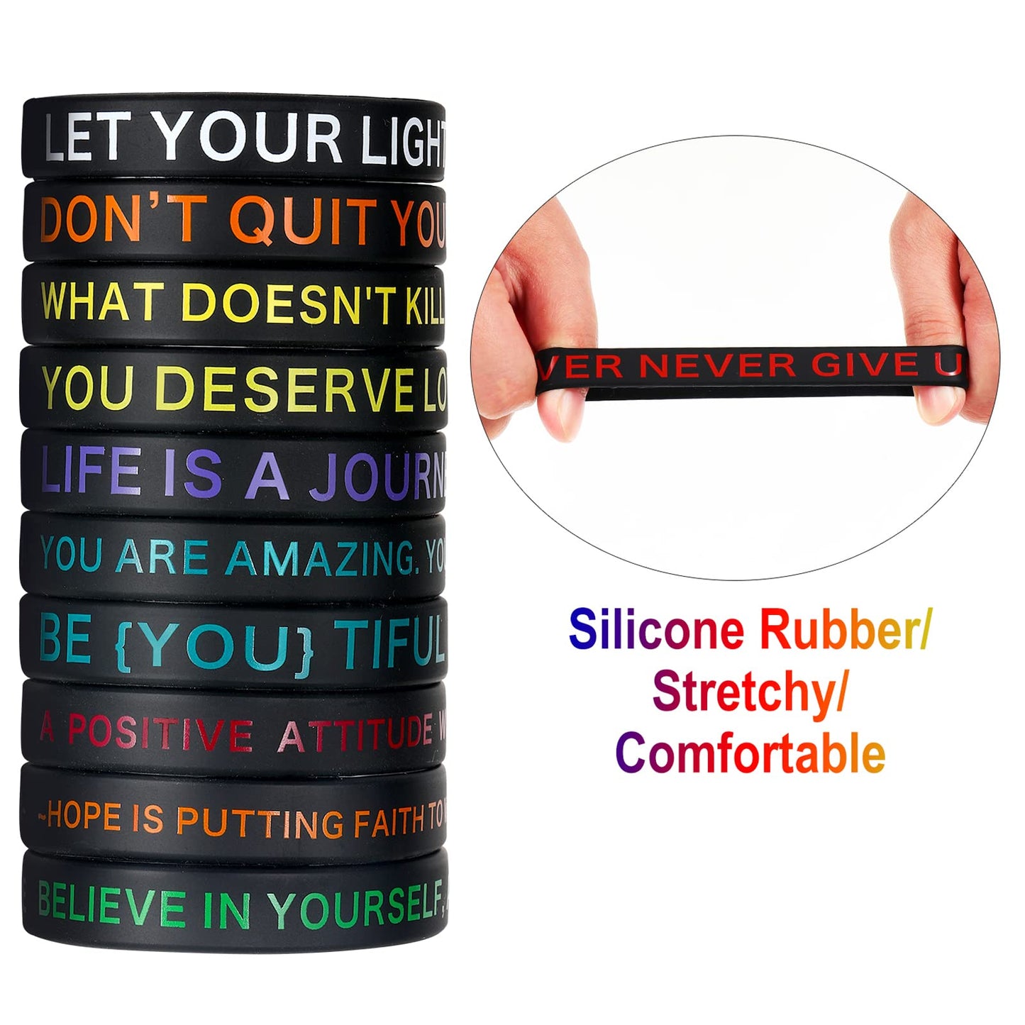 60 Pieces Inspirational Rubber Bracelet Motivational Quote Silicone Bracelets 20 Styles Black Stretch Wristbands for Men Women T