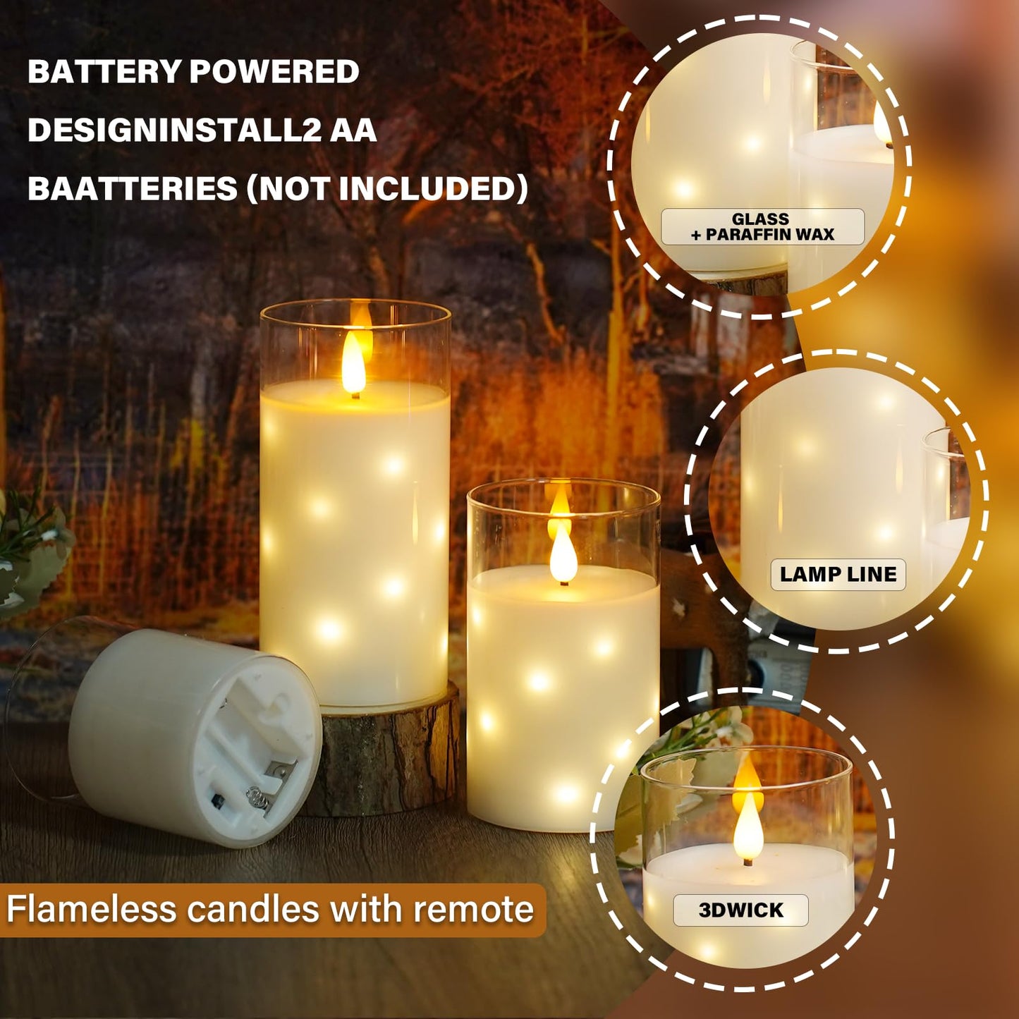 Thorbling Glass Housings Flameless Candles with Real Wax & Flickering Effect - Battery Operated LED Candles, Set of 3 White for Home Decor, Weddings, Holiday Decorations