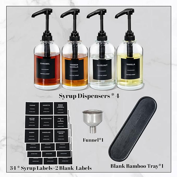 Coffee Syrup Pump Dispenser - Glass Bottle with 1/4 oz Large Capacity Pump, Coffee Bar Organizer Black, 16oz